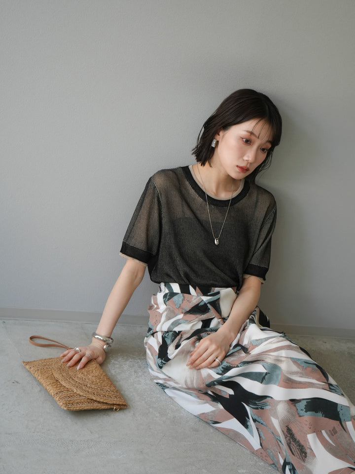 [SET]リネンタッチ配色二重臼ハーフニットトップス+選べるアソート柄スカートセット(2set)