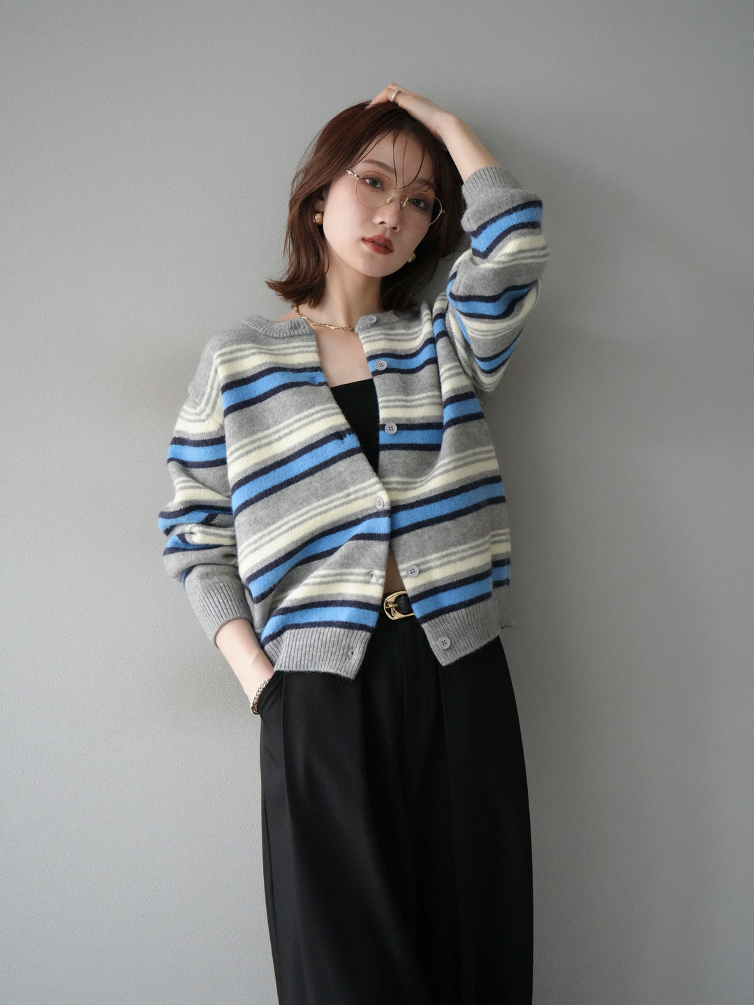 [予約]マルチボーダーニットカーディガン/gray