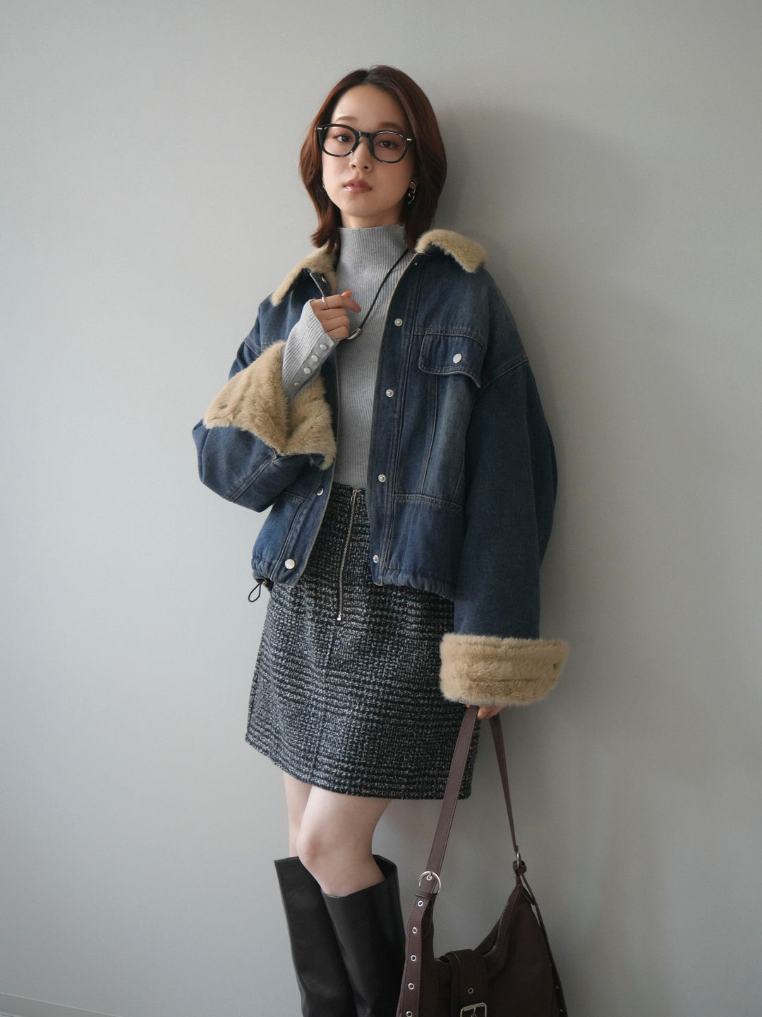 [予約]デニム×ファーステンカラーショートジャケット/blue