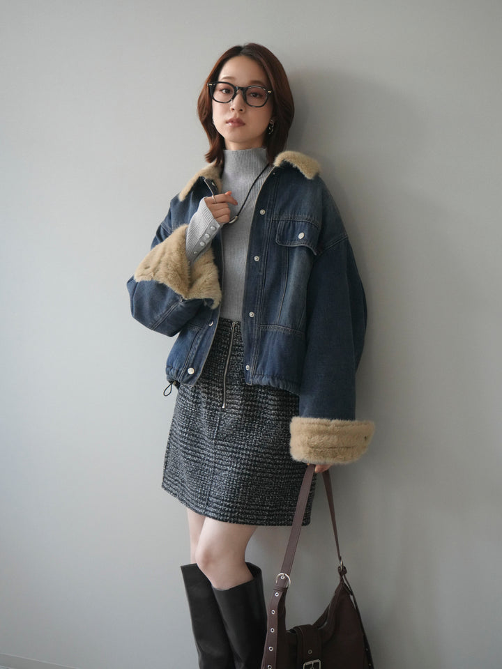 [予約]デニム×ファーステンカラーショートジャケット/blue