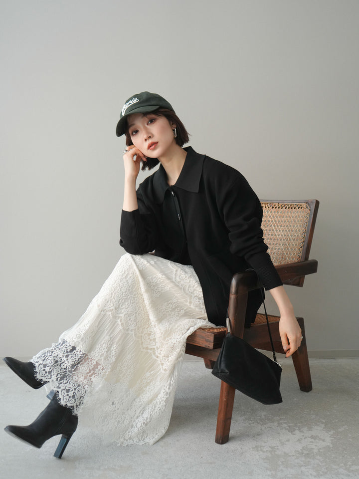 [予約]メタルボタン襟付きポリエステルニットカーディガン/black