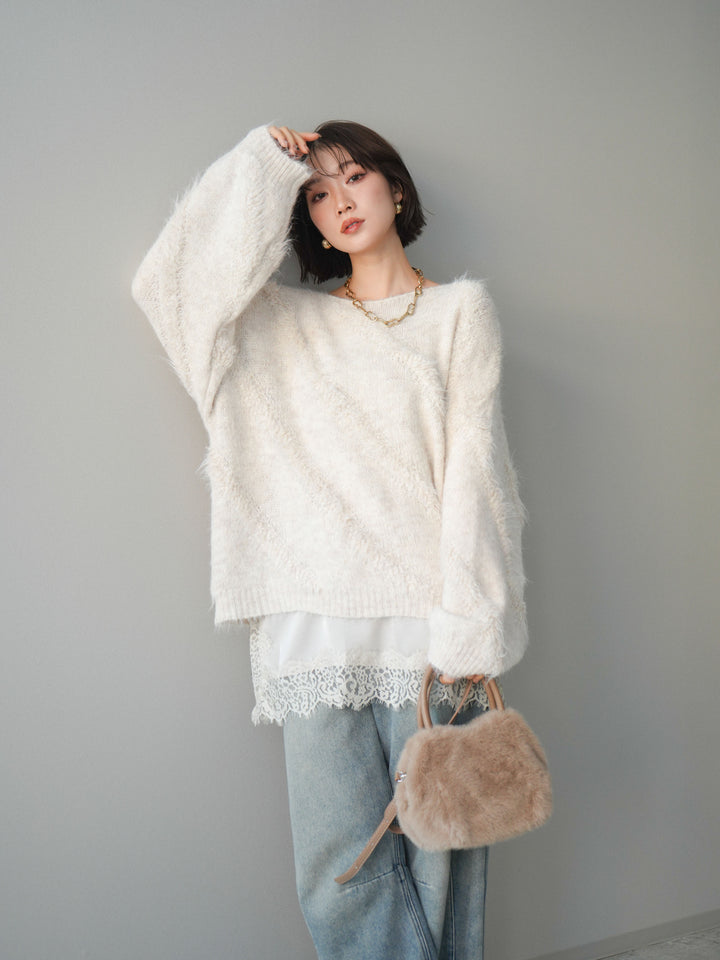 [SET]シャギーデザインニットプルオーバー+サテンレースキャミソール(2set)