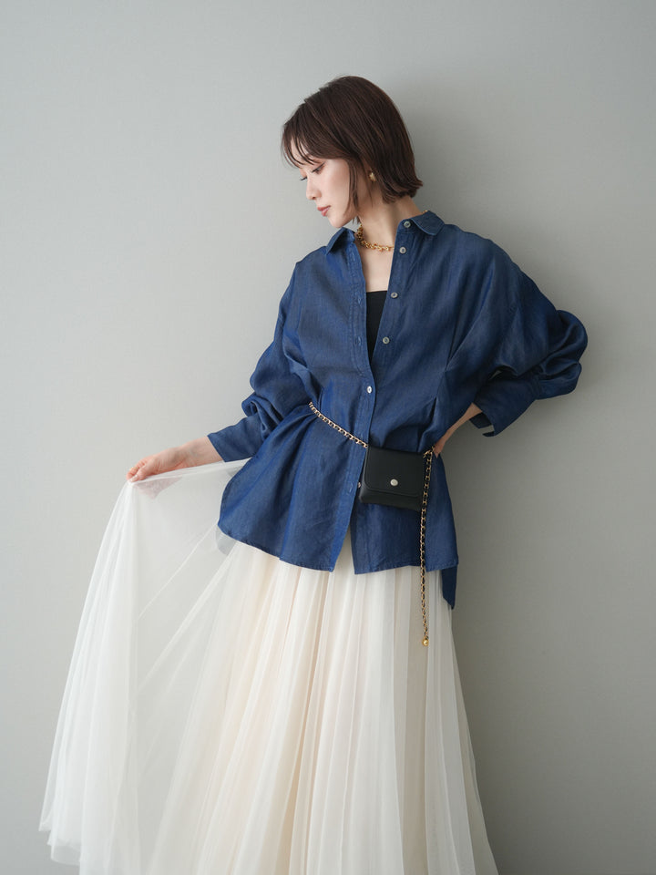 [SET]テンセルデニムタックシャツ+チュールボリュームスカート(2set)