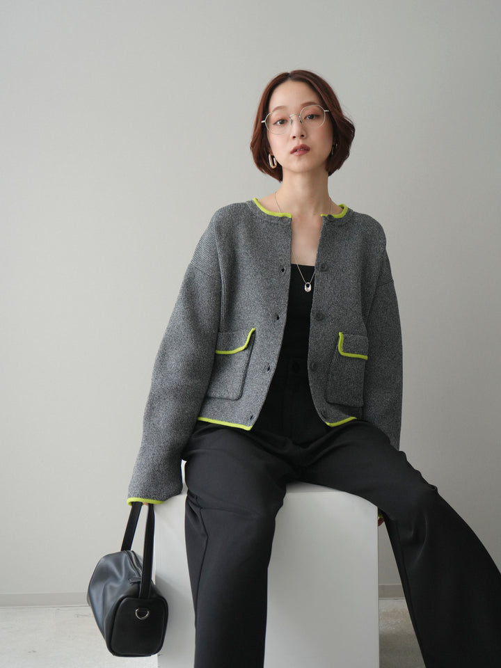 [SET]ポリエステル配色ニットカーディガン+ウエストレースタックワイドパンツ(2set)