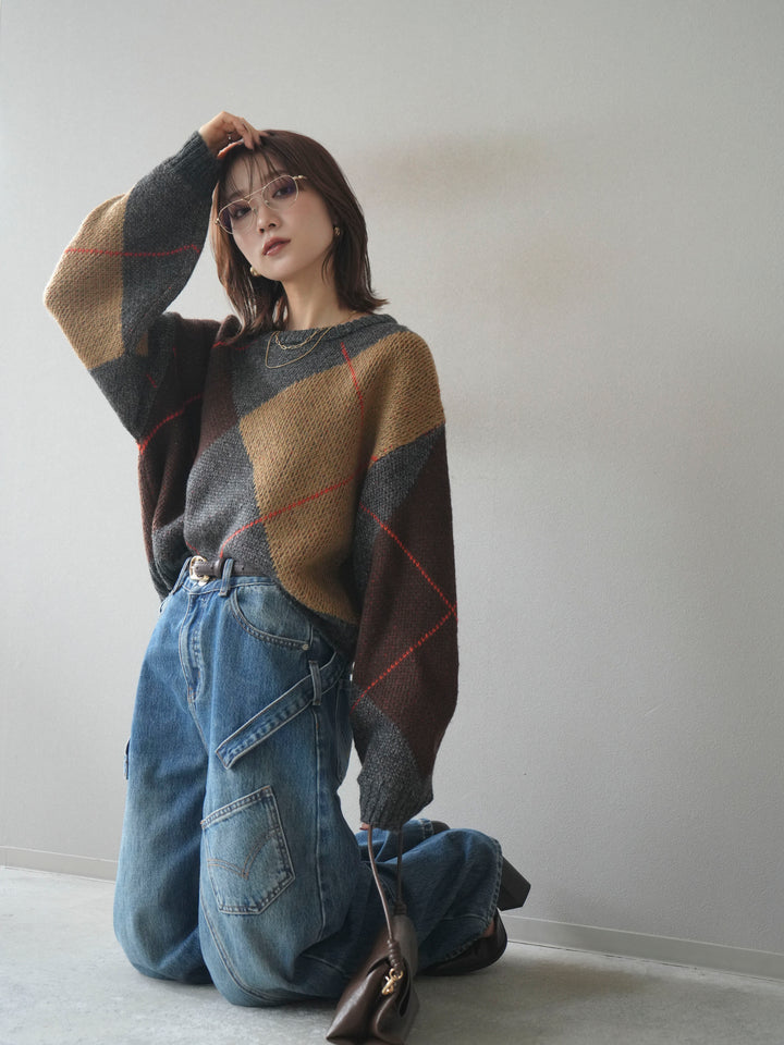 [予約]配色ステッチアーガイル柄ニットプルオーバー/charcoal