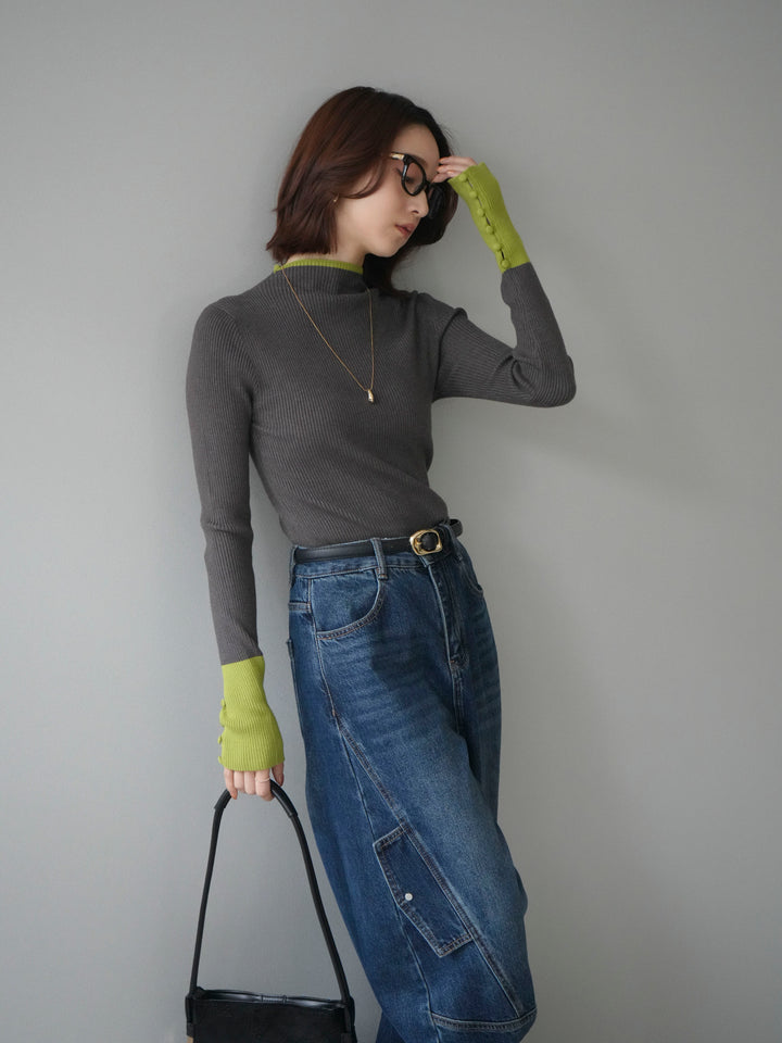 [SET]袖ボタンハイネック配色リブニットトップス+選べるアクセセット(2set)