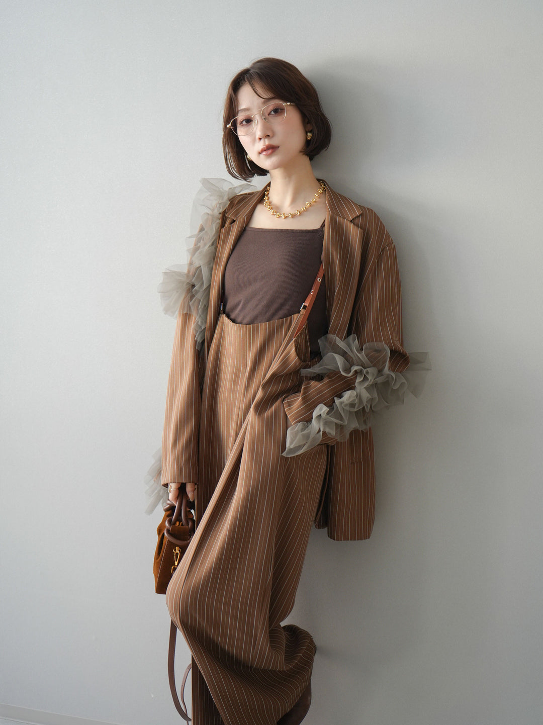 [SET]アシンメトリーチュールストライプジャケット+ヘリンボーンストライプサロペット(2set)