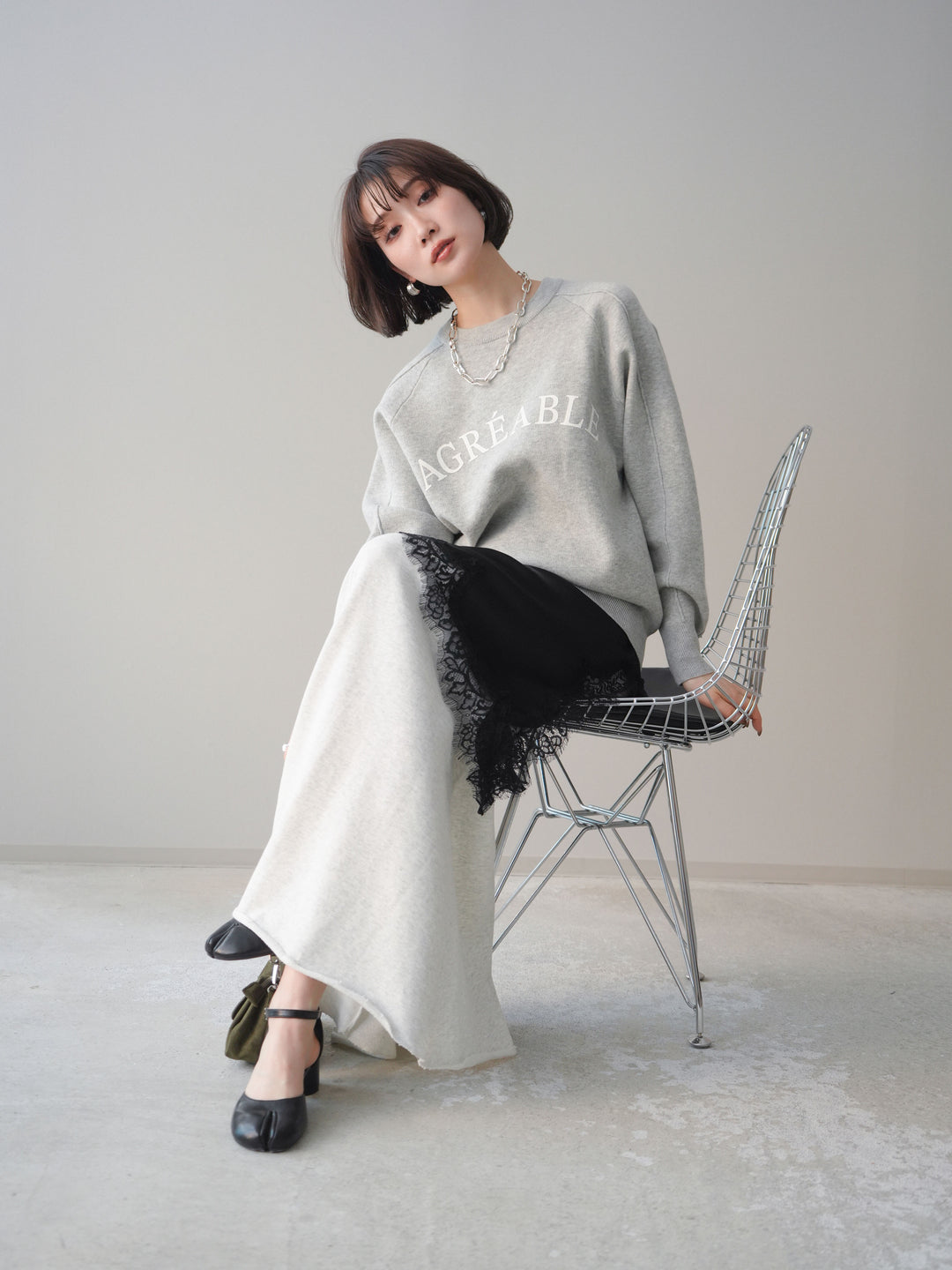 [予約]半ラバープリントロゴスウェットライクニットプルオーバー/mokugray