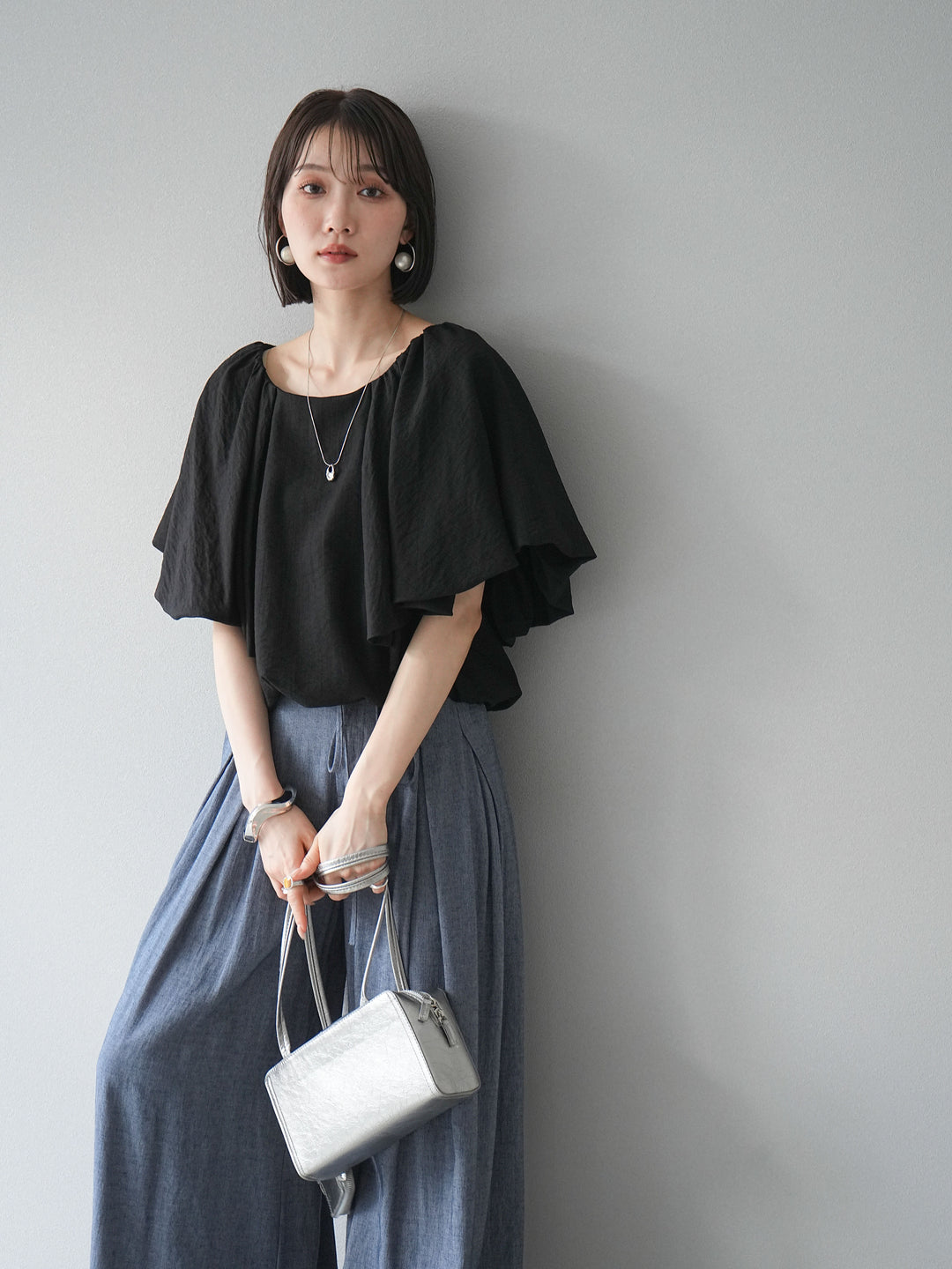 [予約]バルーンスリーブタックデザインブラウス/ブラック