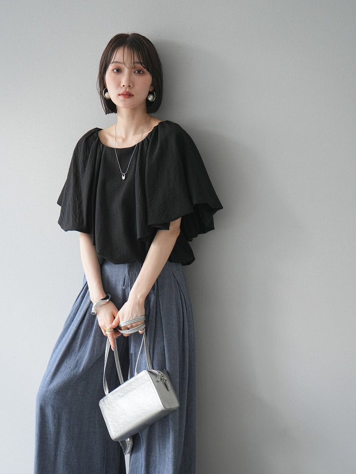 [予約]バルーンスリーブタックデザインブラウス/ブラック