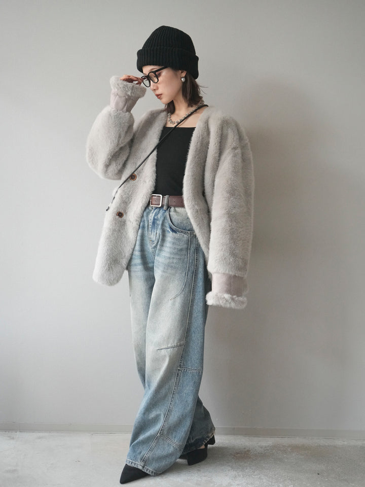 [SET]バッグ付エコファーノーカラーコート+ベルト付カーブデニムパンツ(2set)