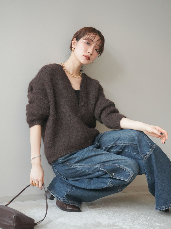 [SET]キーネックシャギーニットカーディガン+カーゴデザインコクーンデニムパンツ(2set)