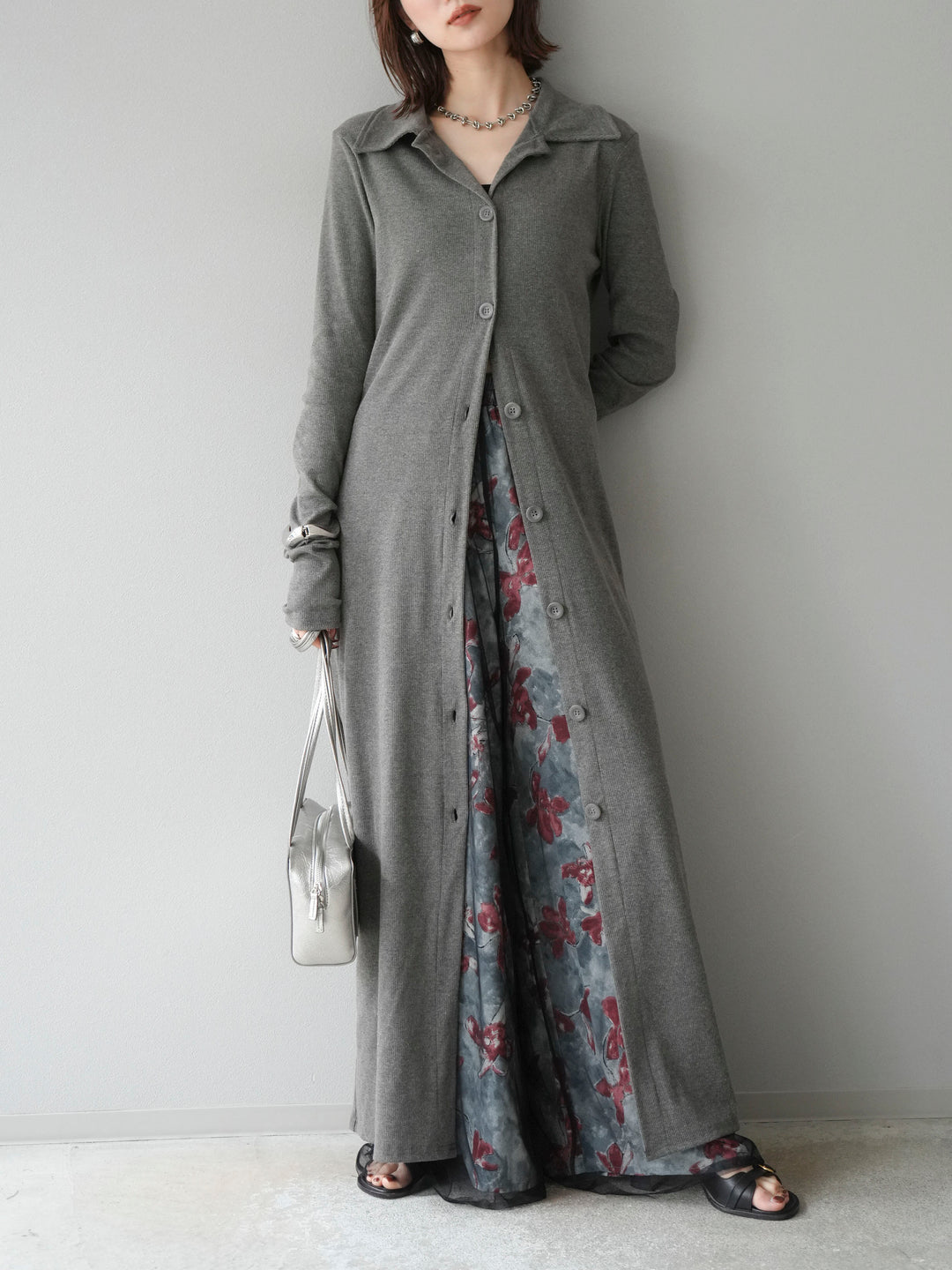 [SET]襟付きカットリブボタンワンピース+フラワープリントチュールレイヤードパンツ(2set)