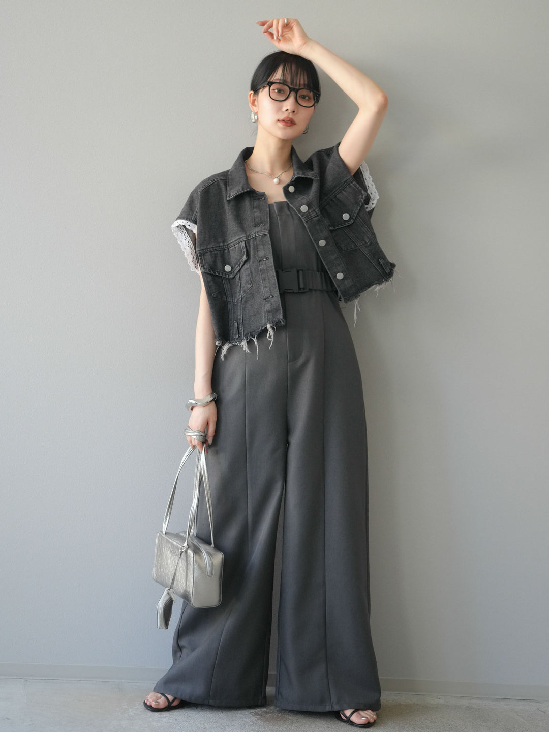 【預購】混色斜紋腰帶熊圖案工裝褲/炭灰色