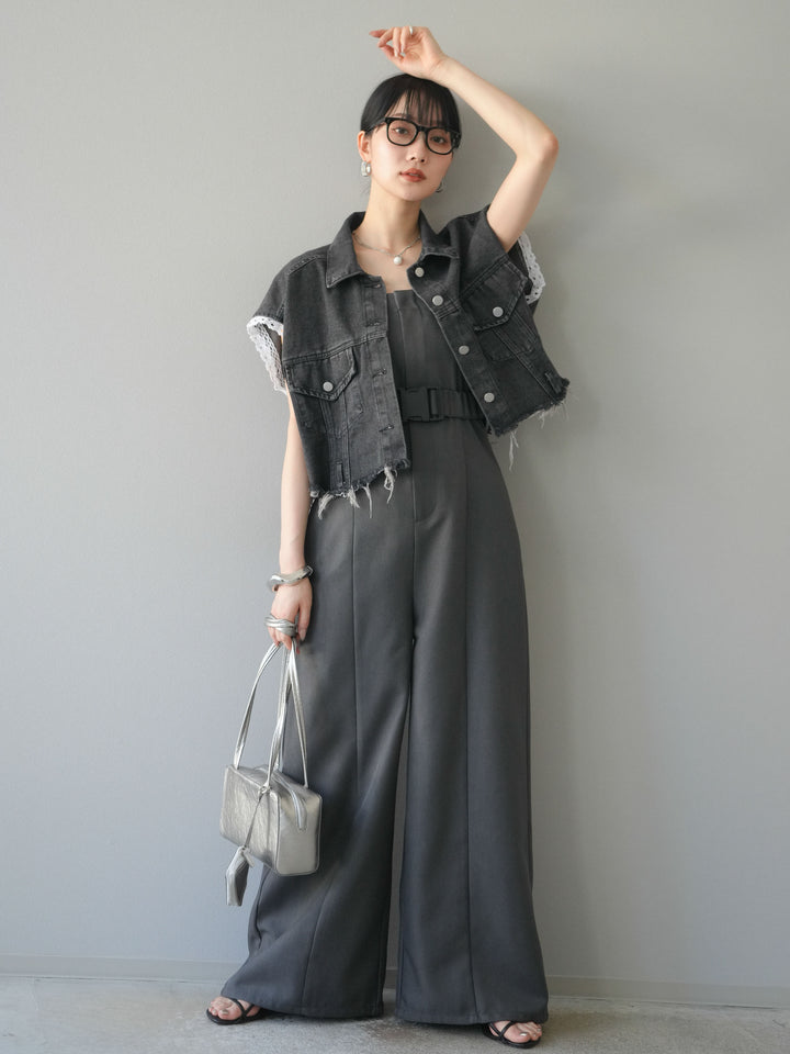 【預購】混色斜紋腰帶熊圖案工裝褲/炭灰色