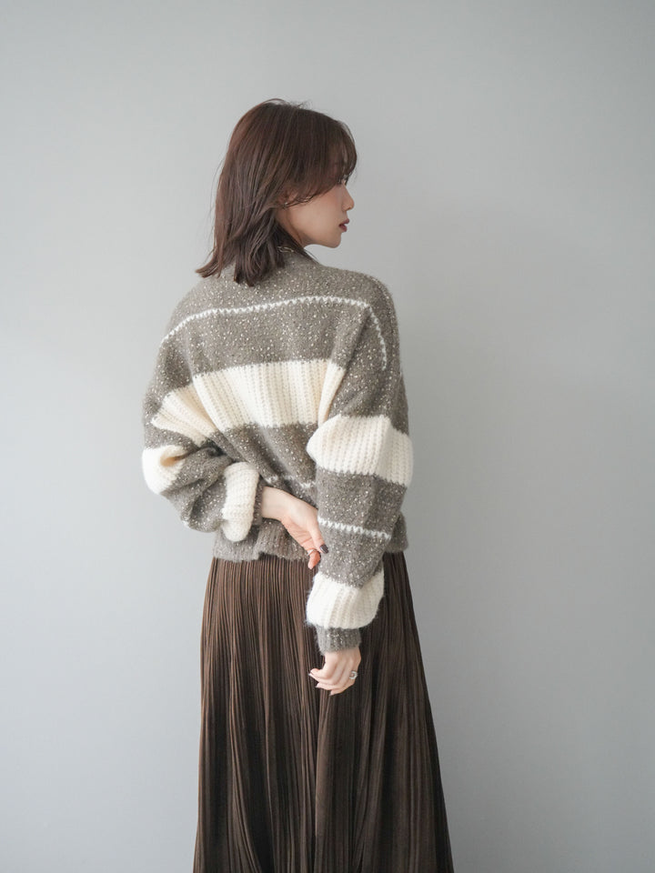 [SET]ネップヤーンボーダーニットプルオーバー+パンチングデザインスエードプリーツスカート(2set)