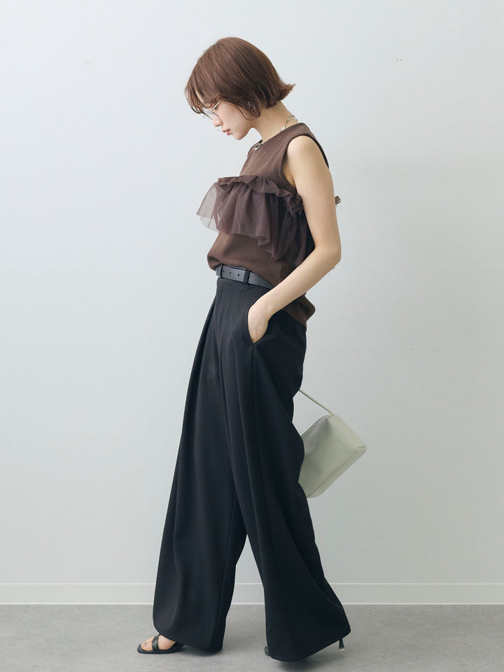 [SET]チュールフリルニットノースリトップス+クレープデシンタックワイドパンツ(2set)