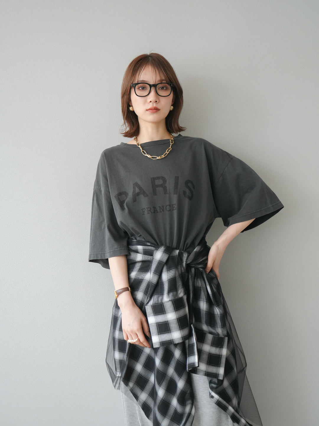 [SET]ピグメントロゴプリントTシャツ+2WAYデザインスウェットパンツ+チュールドッキングチェック柄オーバーサイズシャツ(3set)