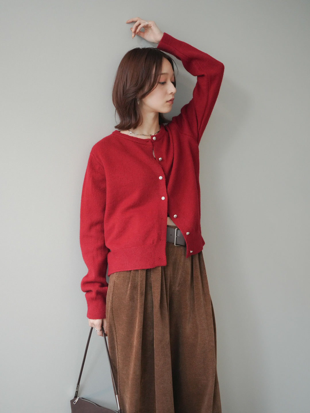 [SET]アンティークボタンニットカーディガン+ベルトデザインループコールテンワイドパンツ(ベルト付き)(2set)