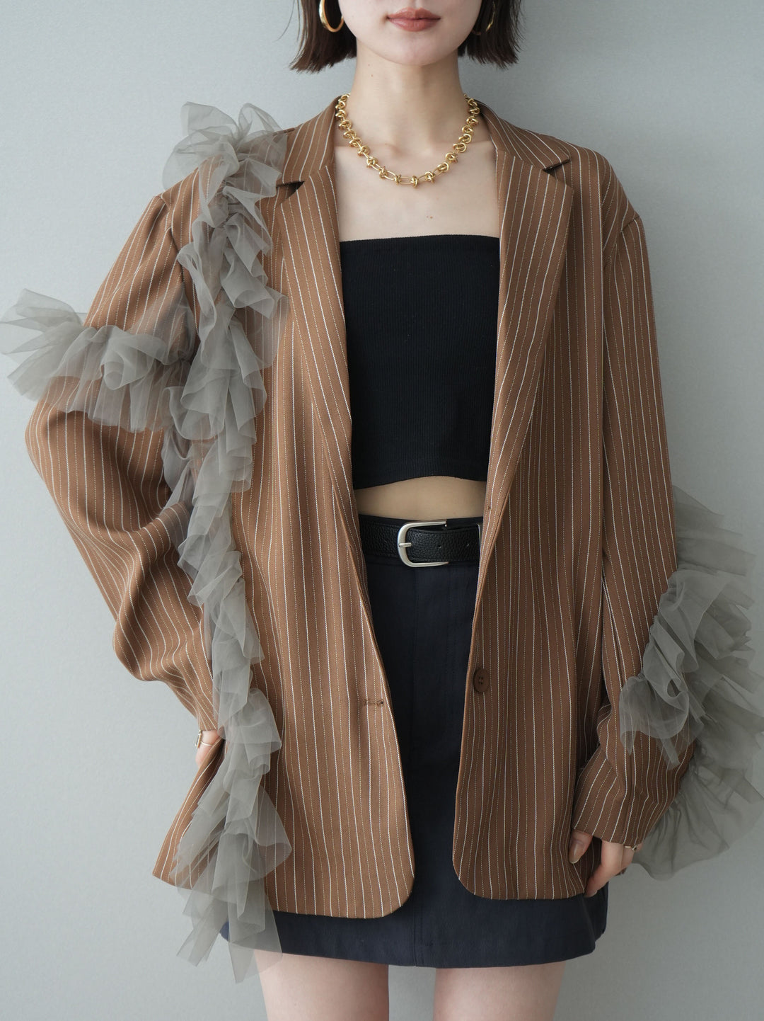 [予約]アシンメトリーチュールストライプジャケット/goldbrown