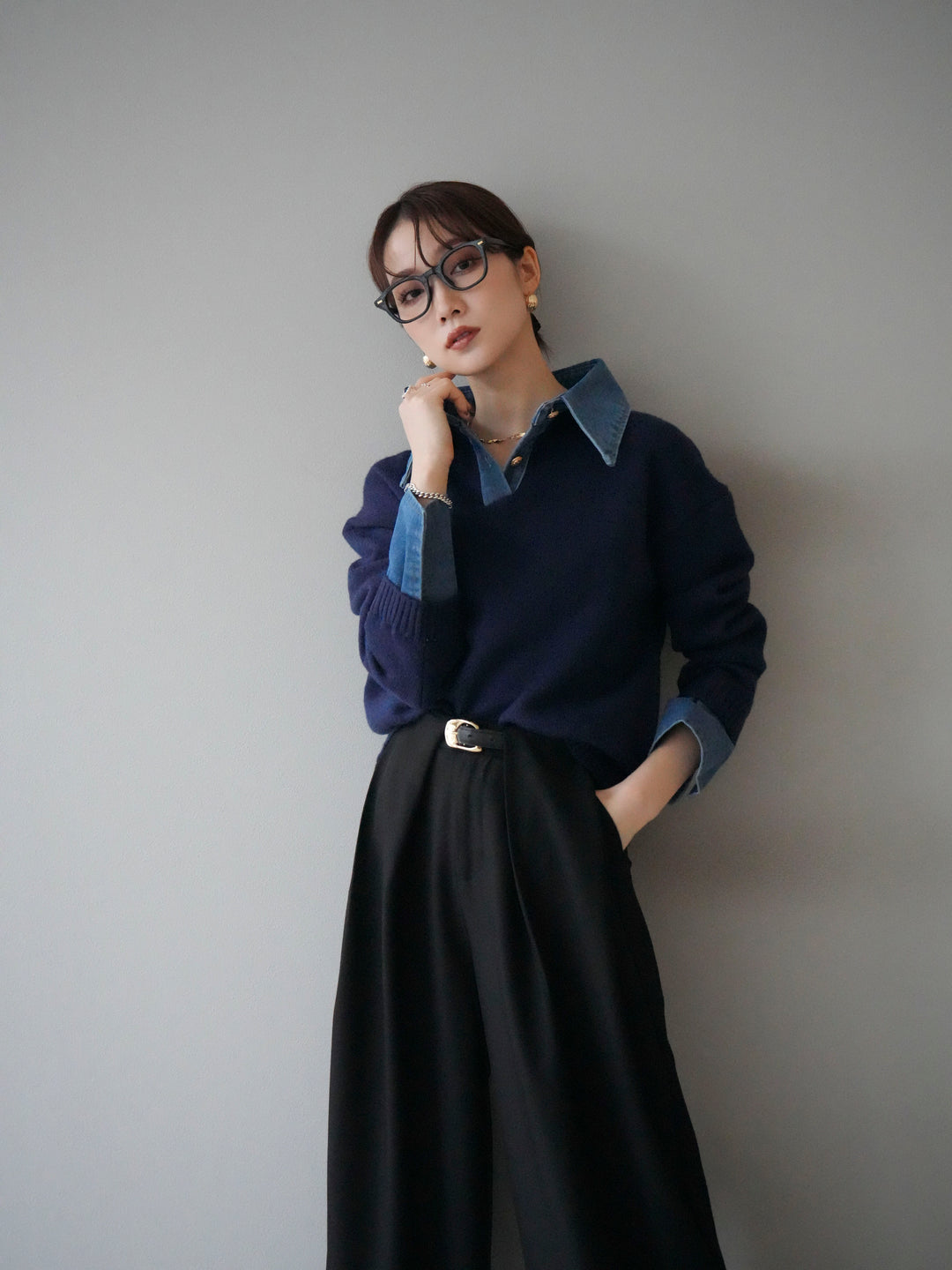 [SET]デニム襟ポロニットプルオーバー+ベルトループデザインワイドパンツ(2set)