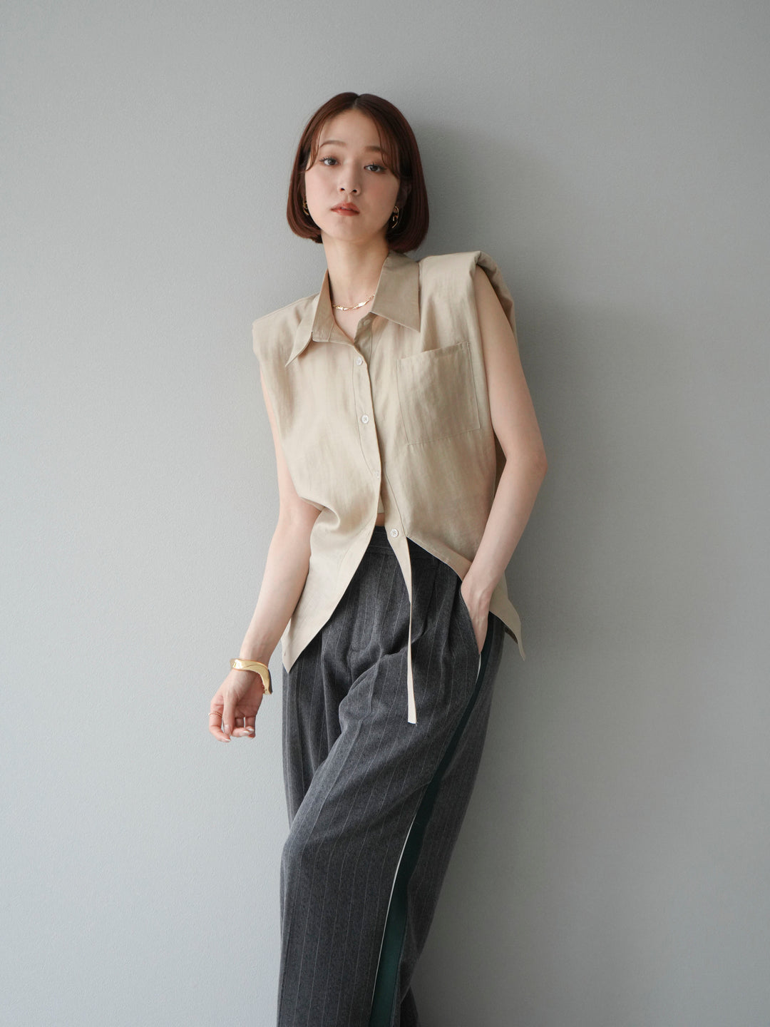 [予約]サイドラインストライプワイドパンツ/チャコール