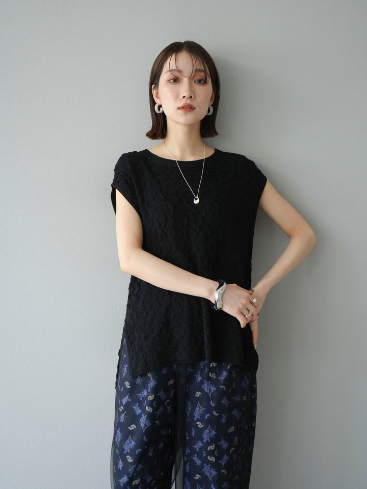 [SET]ポコポコノースリーブニットプルオーバー+コード刺繍チュールレイヤードパンツ(2set)