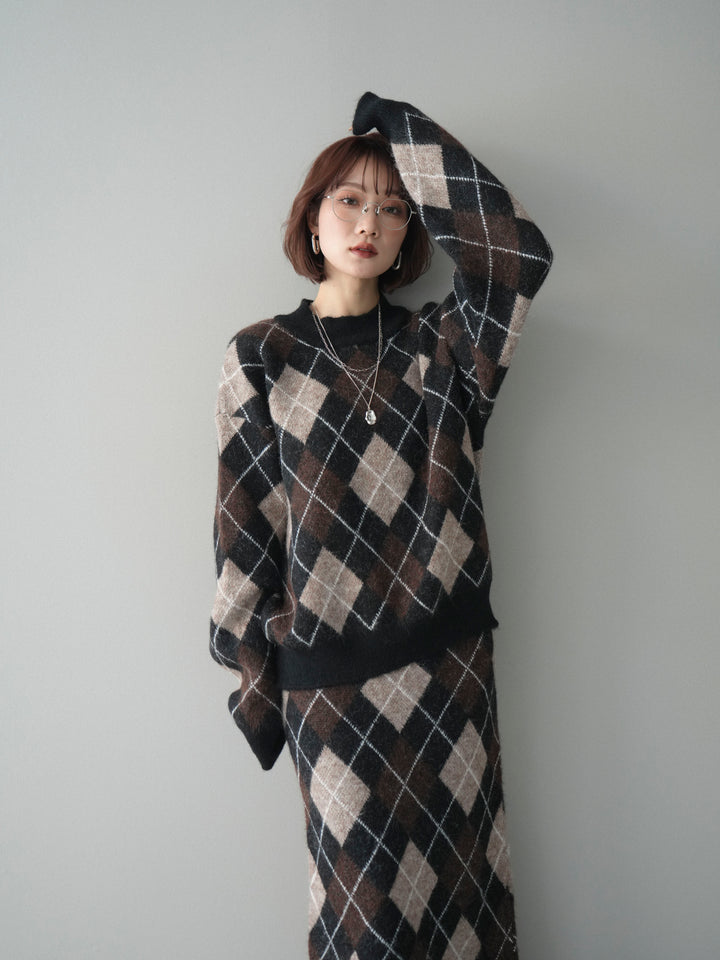 [SET]アーガイルニットプルオーバー&ロングスカートSET UP+選べるアクセセット(2set)