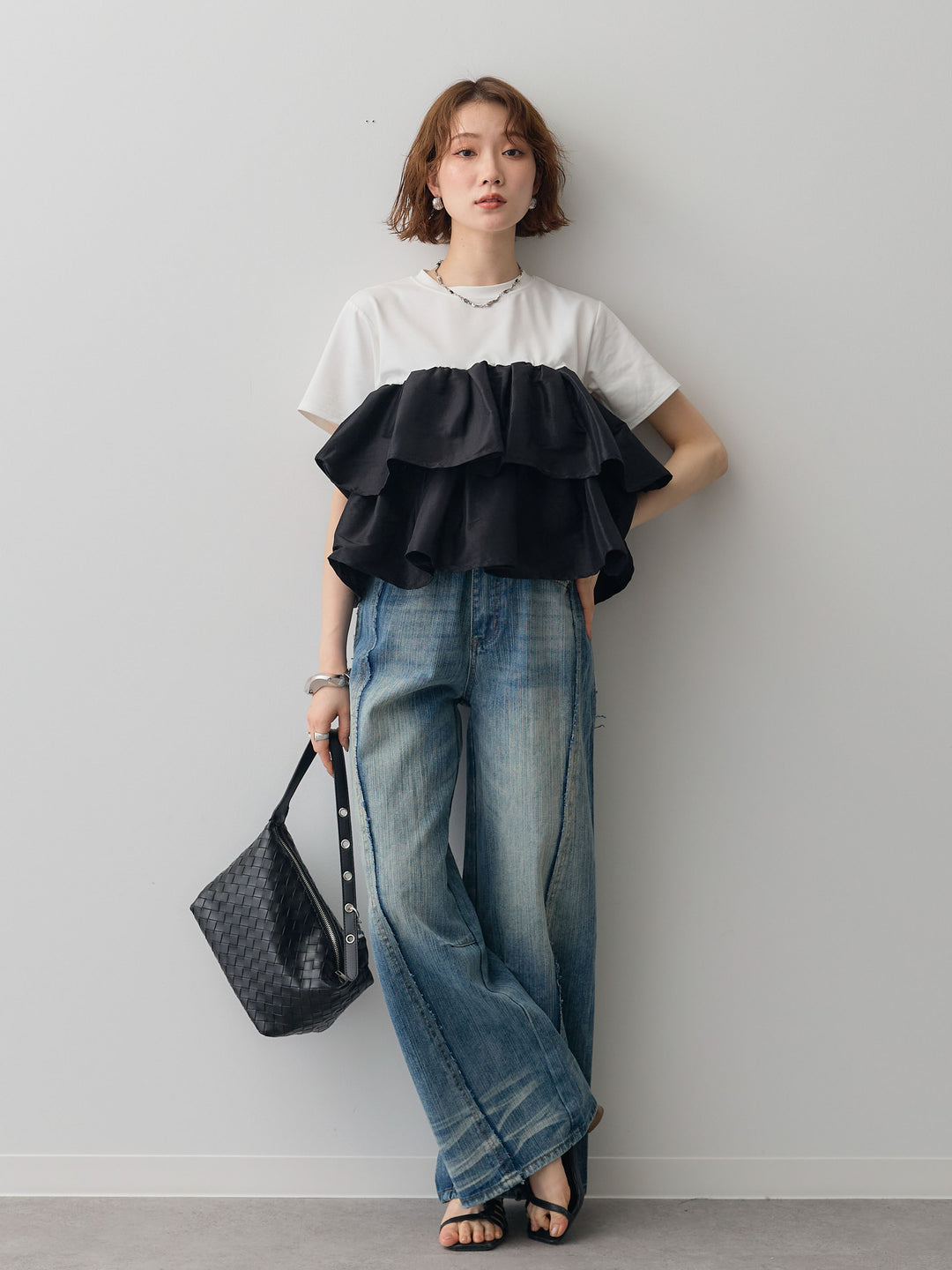 [SET]フリルティアードTEE+縦ウォッシュワイドデニムパンツ(2set)