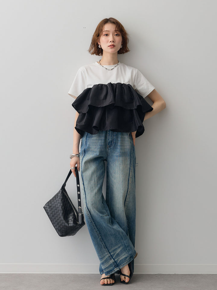 [SET]フリルティアードTEE+縦ウォッシュワイドデニムパンツ(2set)