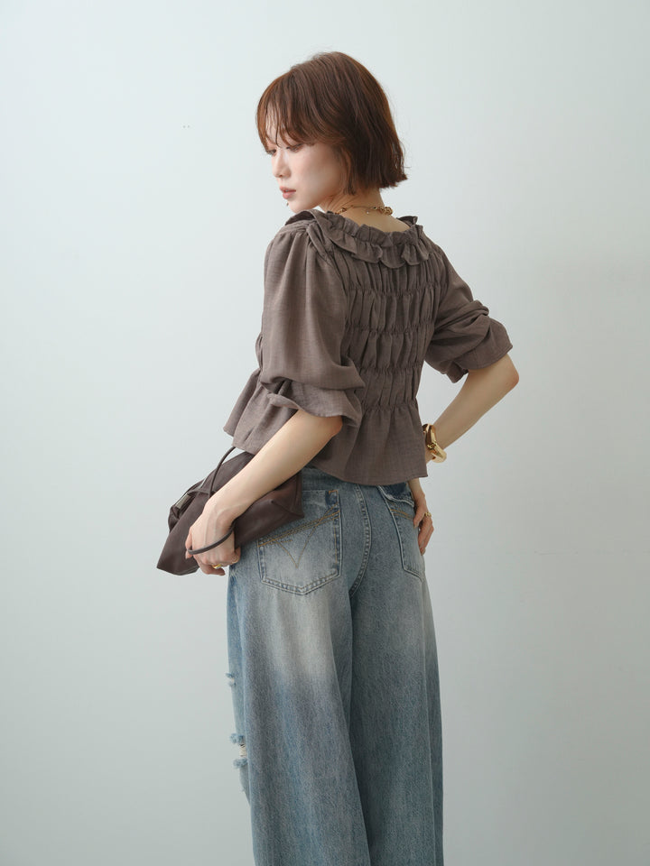 [SET]フリルネックシャーリングブラウス+選べるアクセセット(2set)