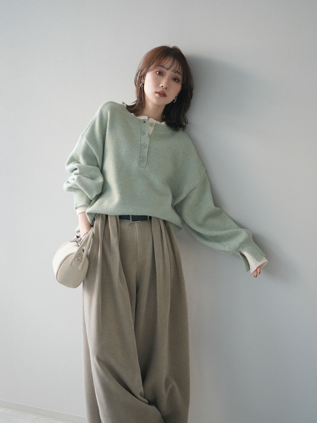 [予約]ヘンリーネック配色レイヤードニットプルオーバー/mint