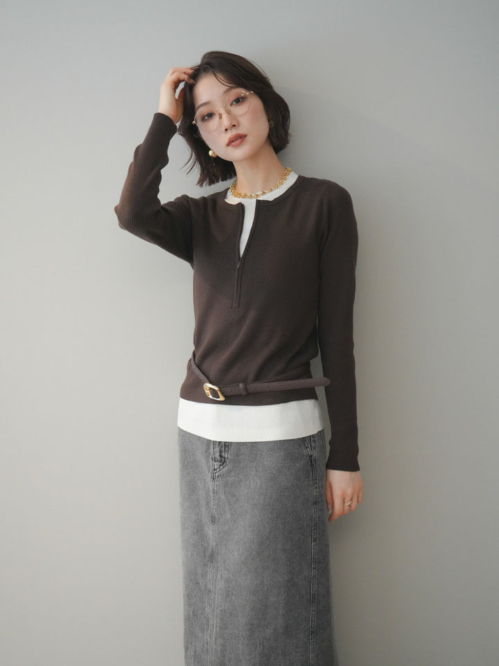 [予約]フロントジップ配色レイヤードニットトップス/choco