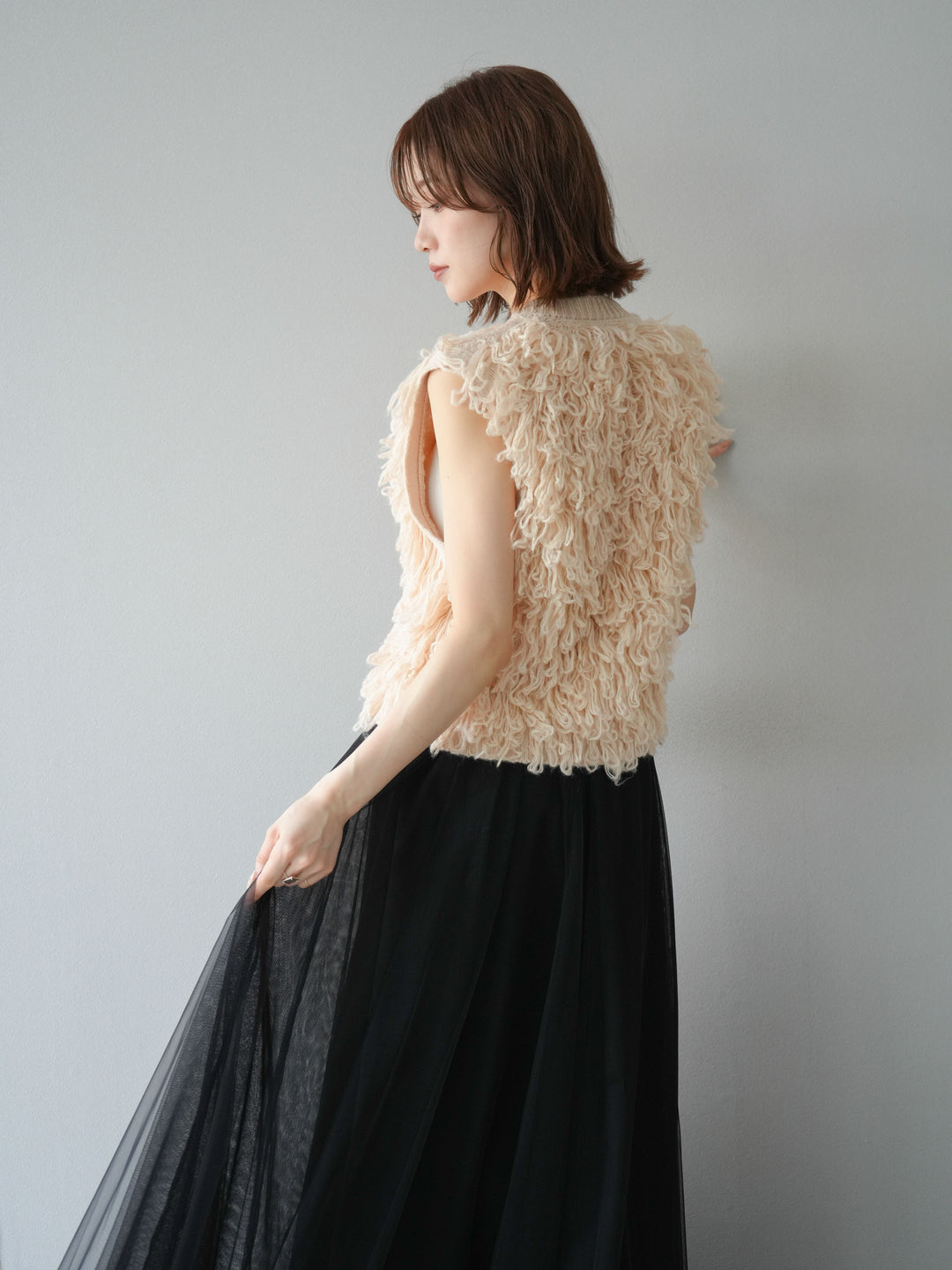 [SET] 前開衩針織背心 + 薄紗蓬鬆裙 (2 件套)