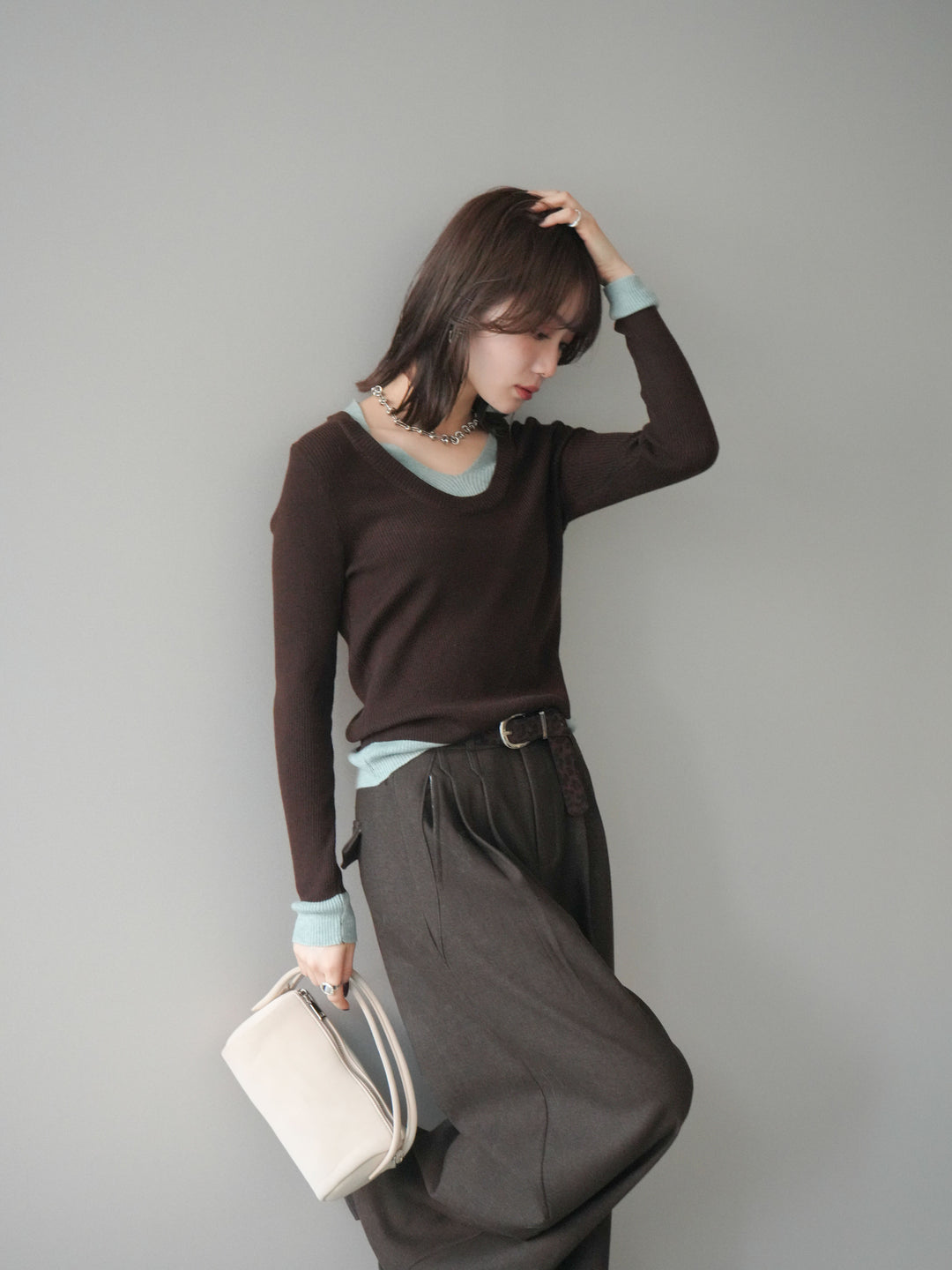 [予約]Uネック配色レイヤードリブニットトップス/brown