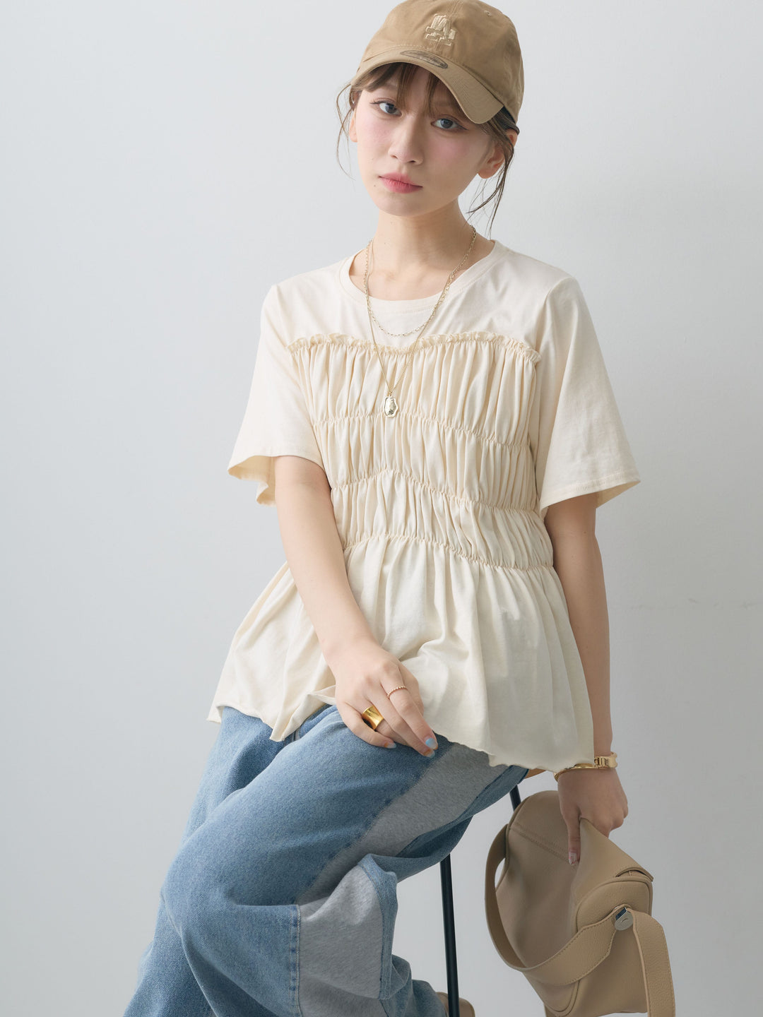 [SET]クールタッチシャーリングTEE+デニム切替スウェットパンツ(2set)