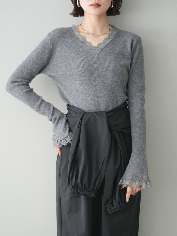 [予約]レースドッキングVネックニットトップス/gray