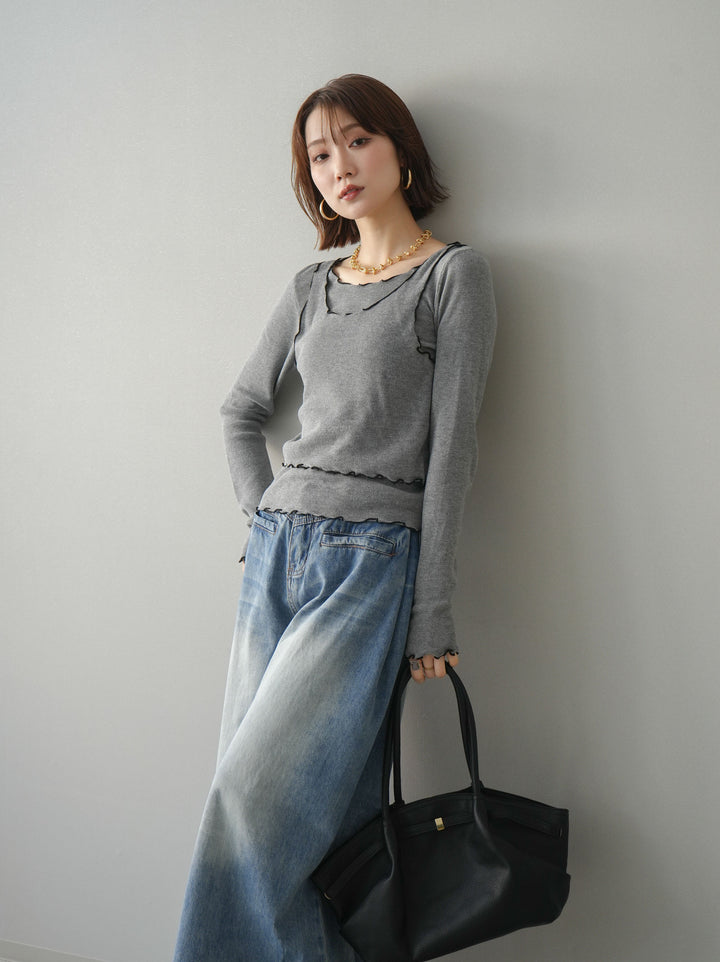 [SET]バイカラーメローアンサンブルシアーニットトップス+フロントポケットサイドタックワイドデニム(2set)