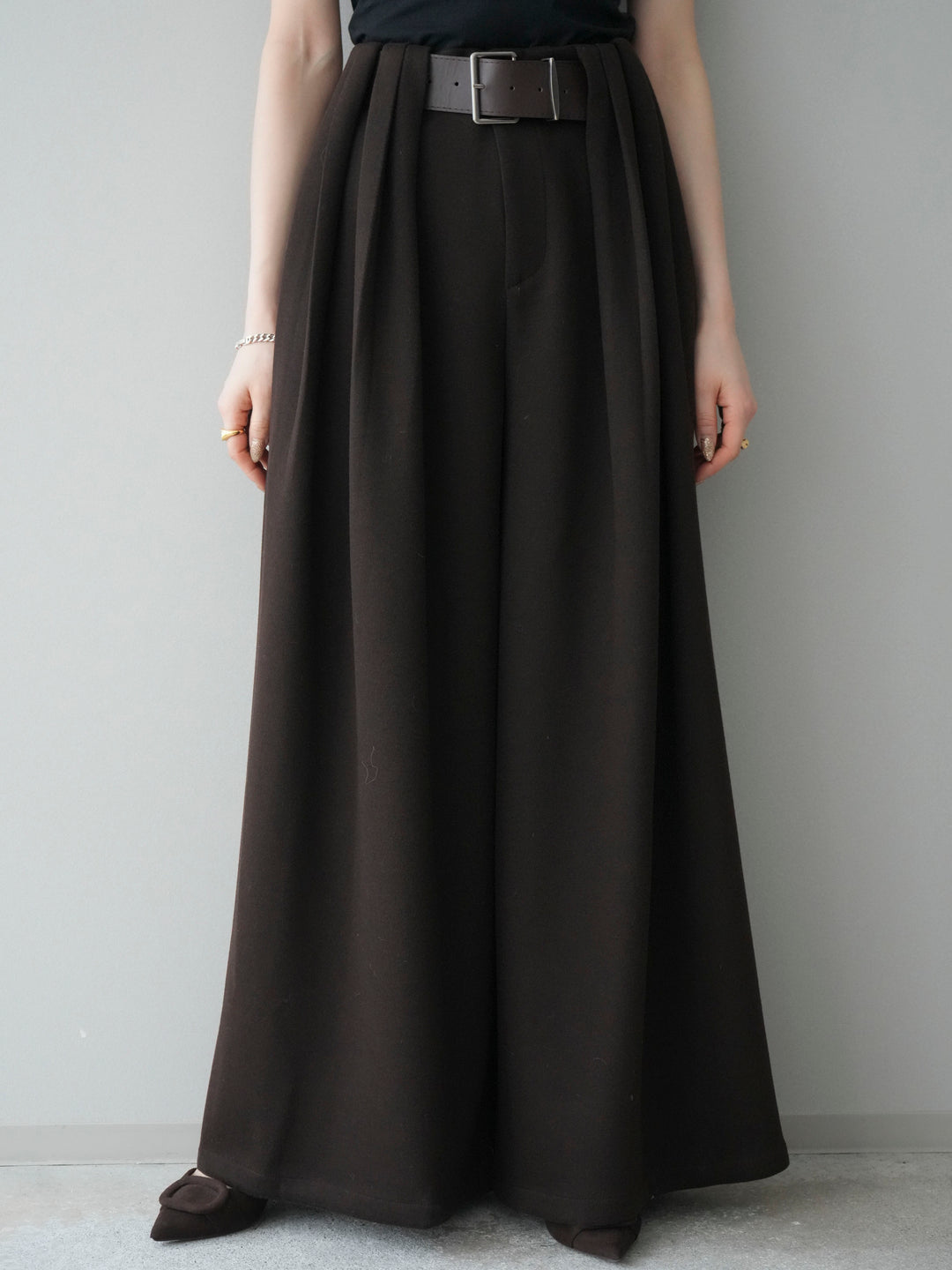 [予約]ベルトデザインループウールワイドパンツ(ベルト付)/brown