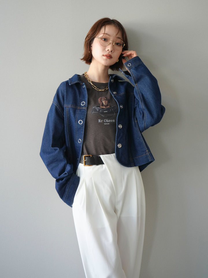 [SET]ラウンドカットコンパクトデニムジャケット+ドッグコンパクトTEE+アシンメトリーベルトタックワイドパンツ(3set)