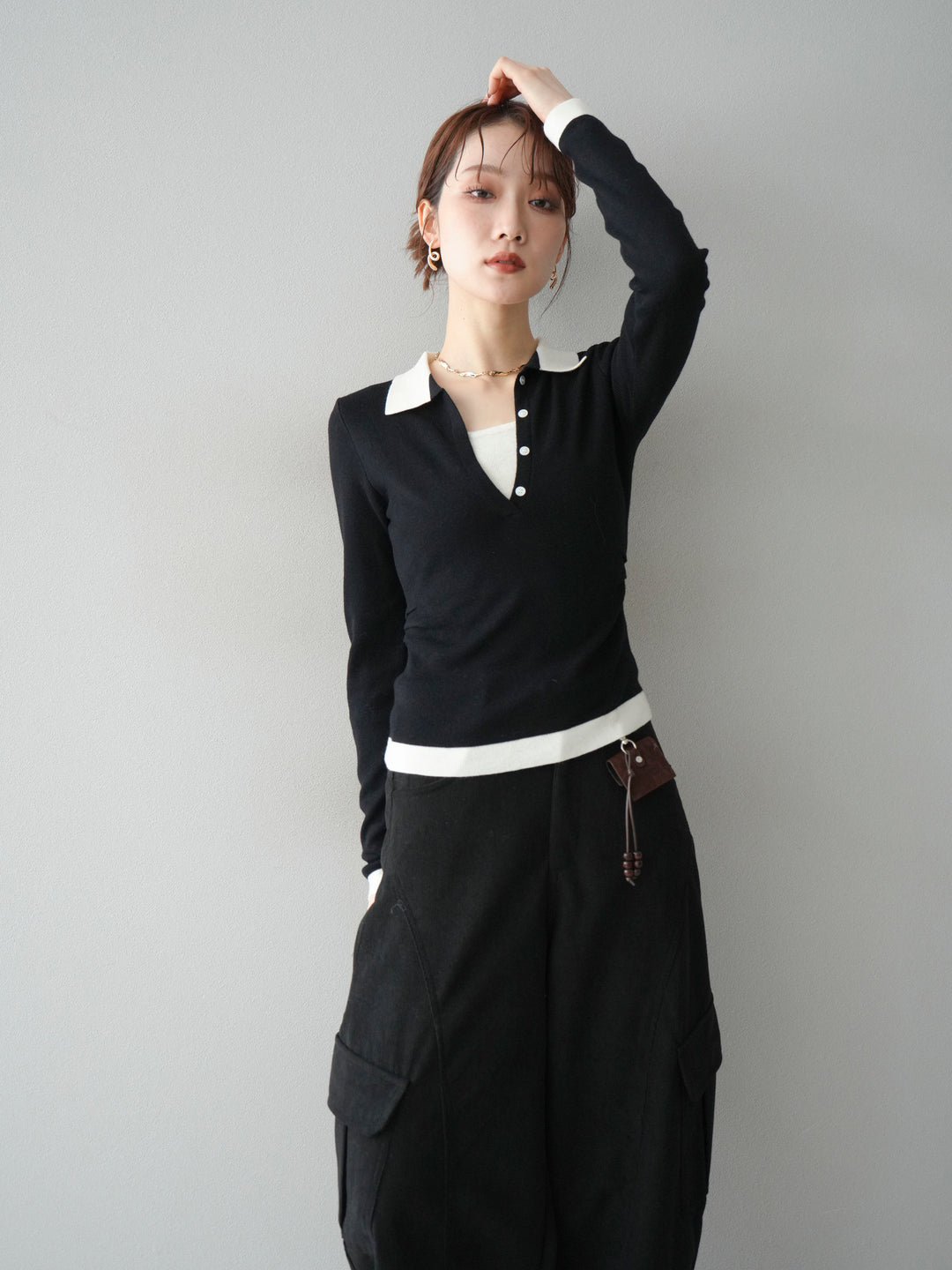[予約]レイヤード配色ポロニットトップス/black