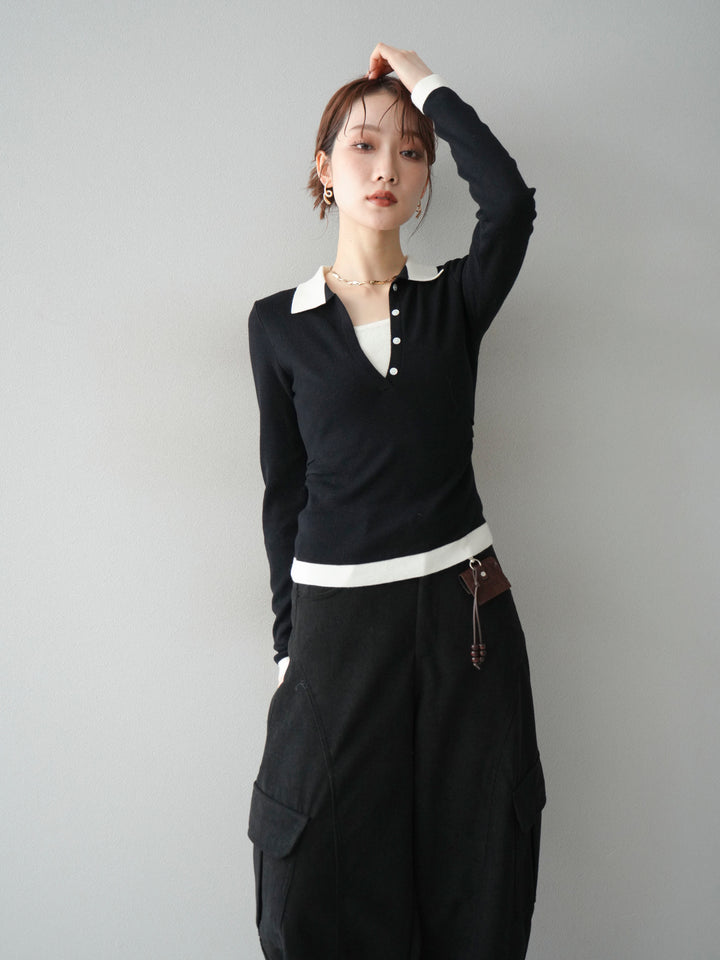 [予約]レイヤード配色ポロニットトップス/black