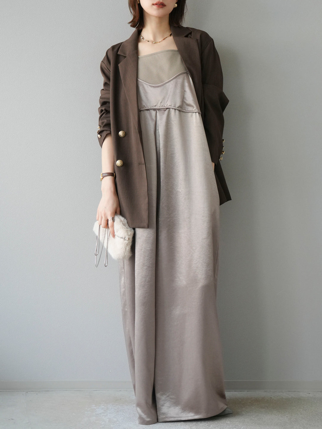 [予約]サテンビスチェオールインワン/グレージュ