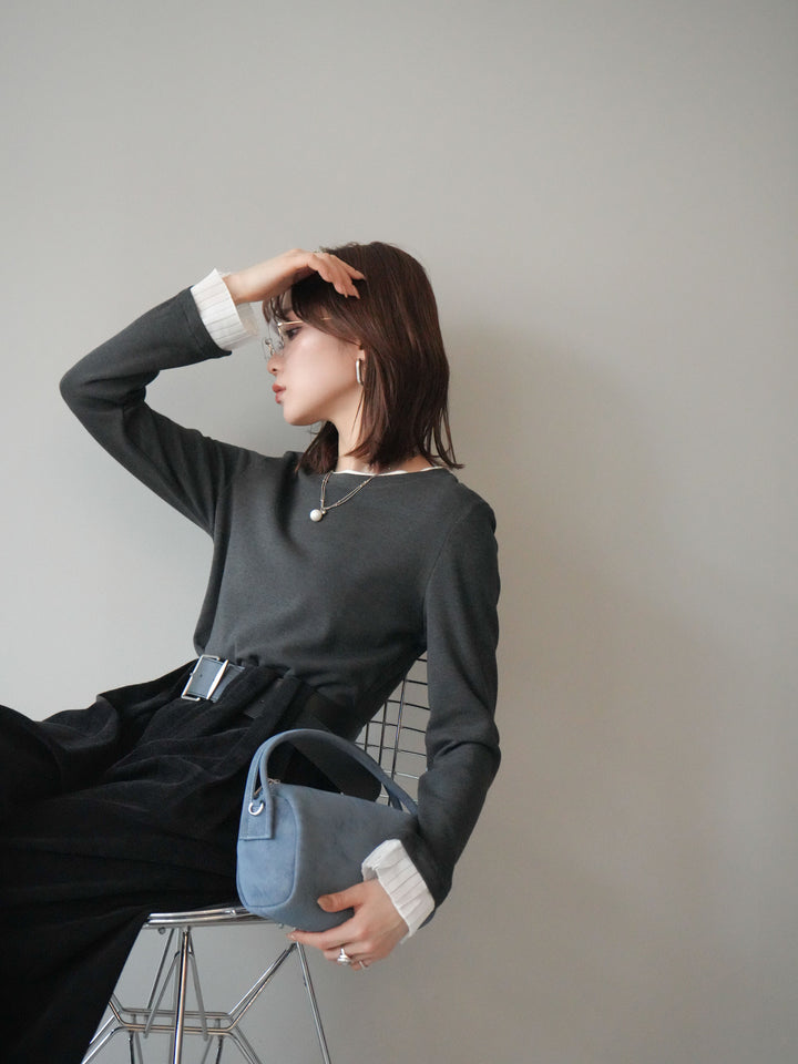 [SET]袖プリーツ配色レイヤードトップス+ベルトデザインループコールテンワイドパンツ(ベルト付き)(2set)