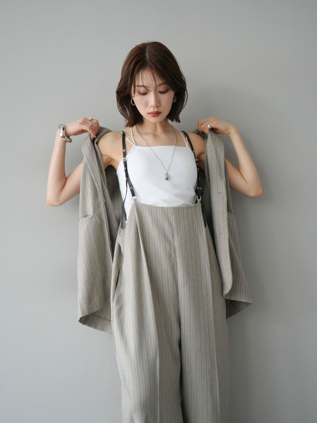 【着回しセット】[SET]ヘリンボーンストライプジレ+シアー切替ベロアトップス+ヘリンボーンストライプサロペット(3set)