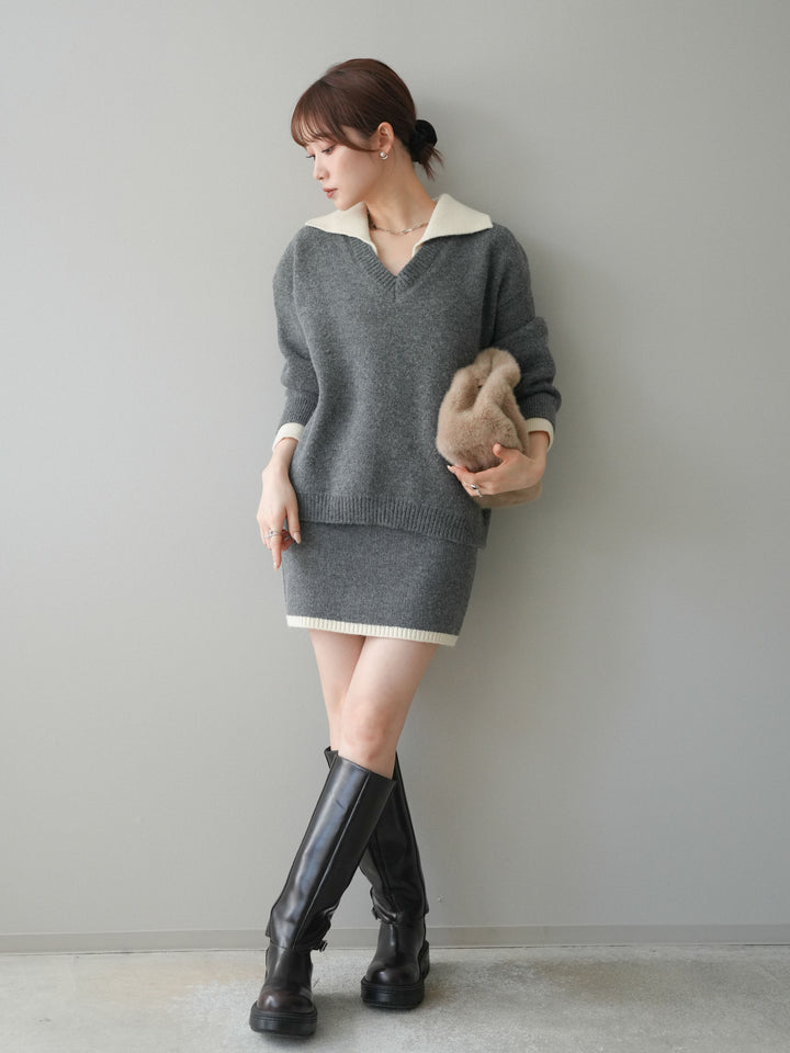 [SET]配色襟ニット＆ミニスカートSET UP+配色襟ニット＆ミニスカートSET UP(2set)
