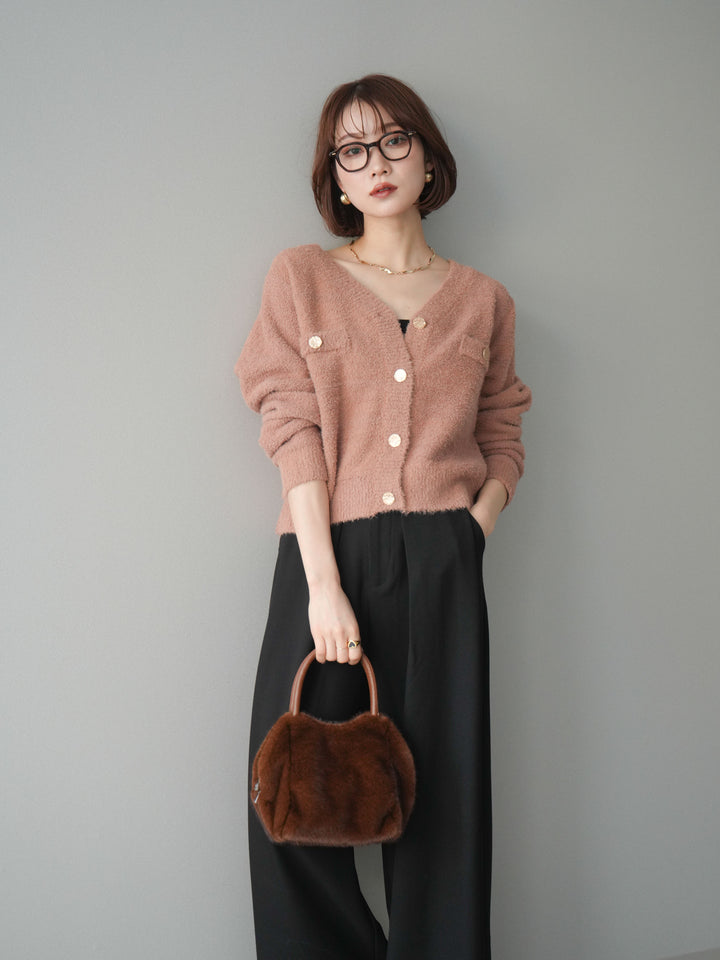 [SET]ゴールドボタンモールニットカーディガン+ベルトループデザインワイドパンツ(2set)