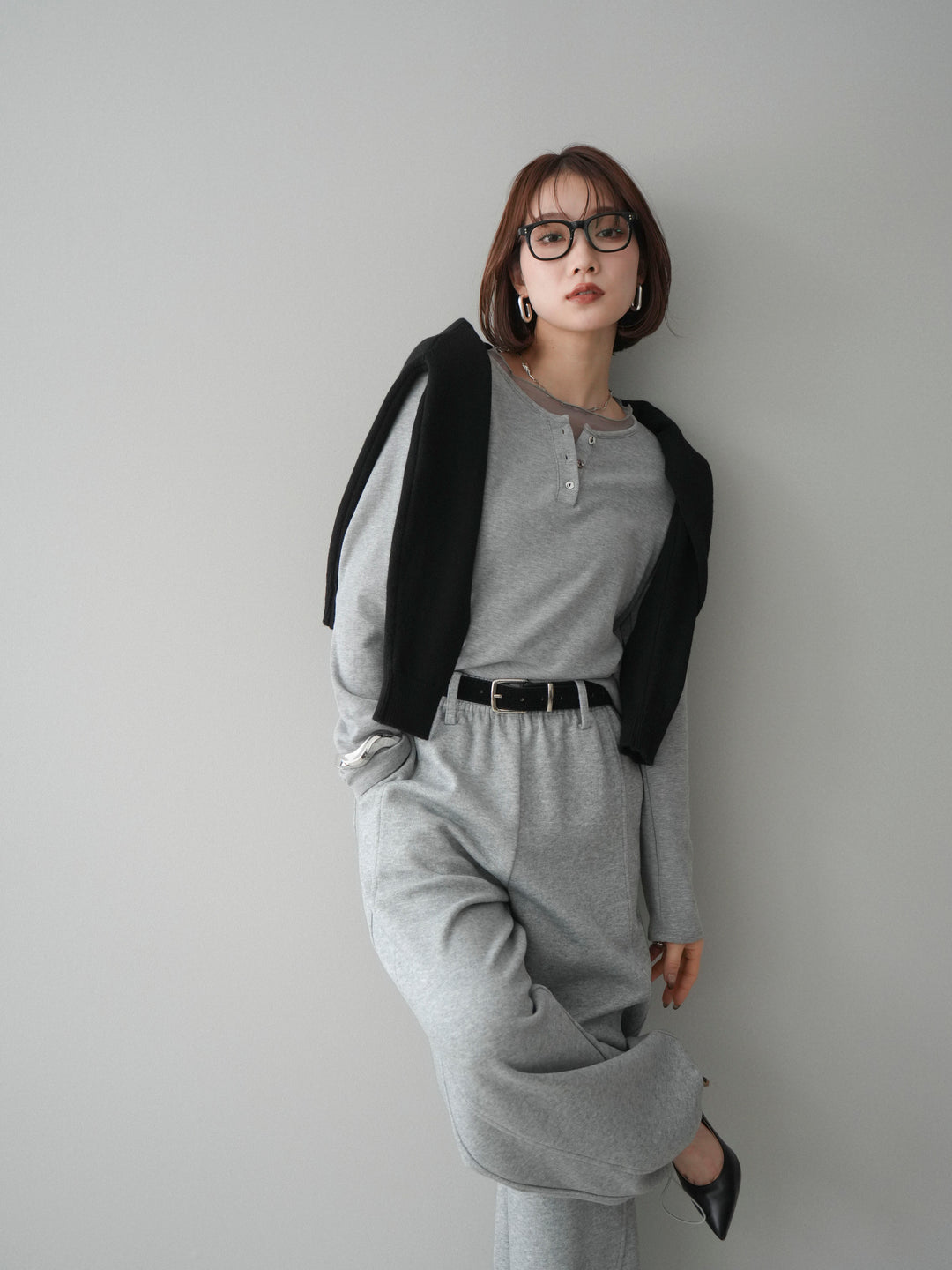 [予約]チュールレイヤードヘンリーネックカットソー/gray