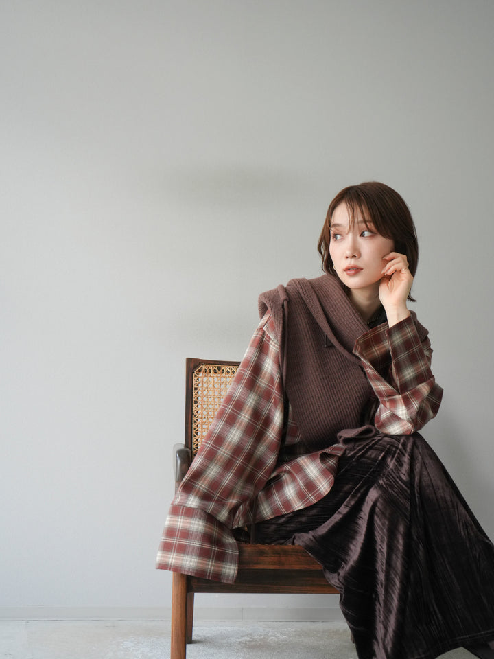 [SET]レザー襟オンブレチェックオーバーシャツ +クラッシュベロアナロースカート(2set)