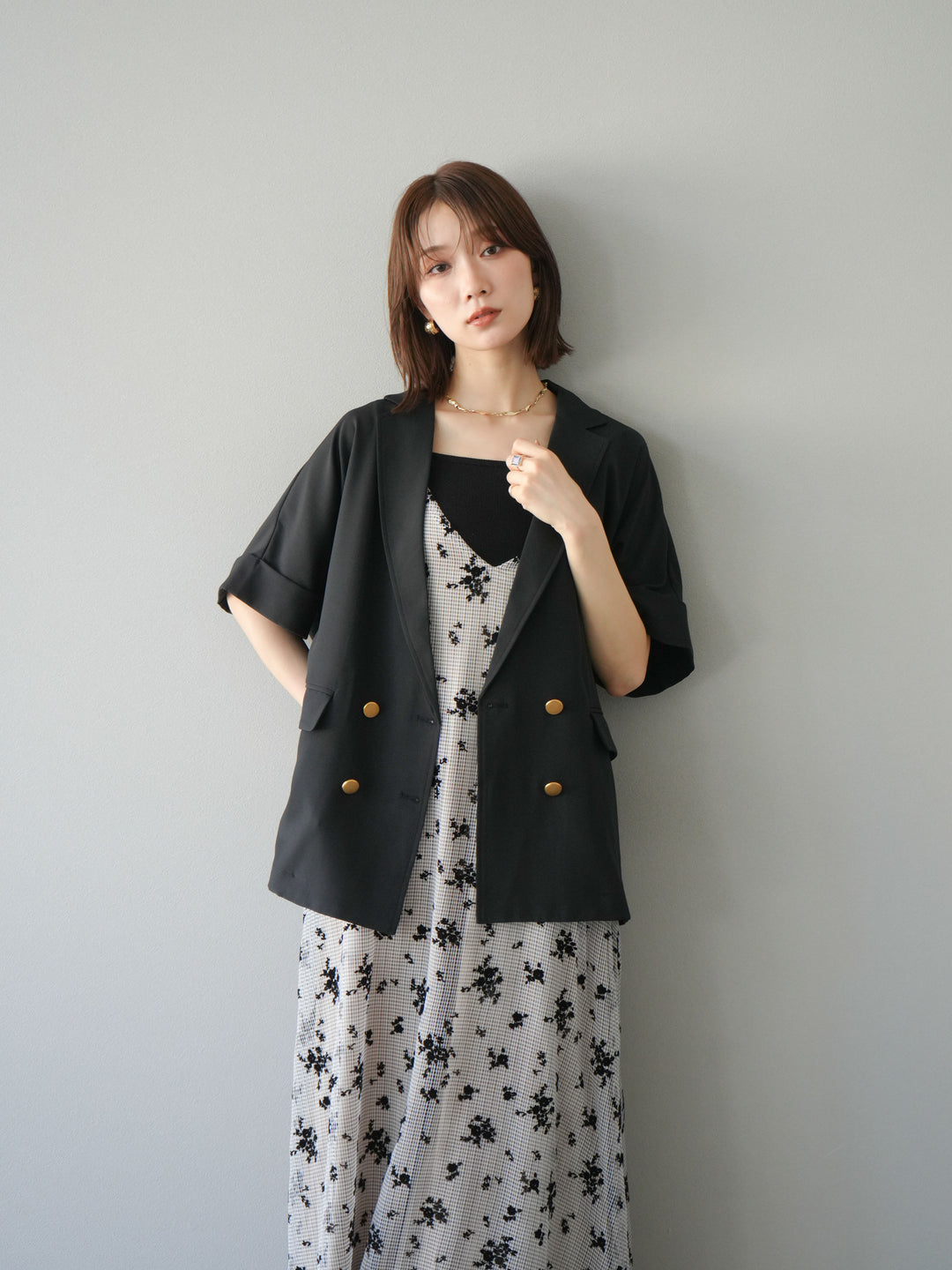 [套裝] 植絨薄紗層疊天鵝絨吊帶連身裙 + 金色紐帶半夾克 (2 套)